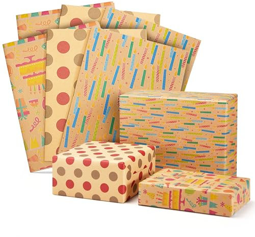 Switory Geschenkpapier Weihnachten, Geburtstagspapier Geschenkpapier Set - 6 Blätter Geschenkpapier Recycelbares Kraftpapier für Geschenke Valentinstag Jahrestag Geburtstag (50 X 76 cm)