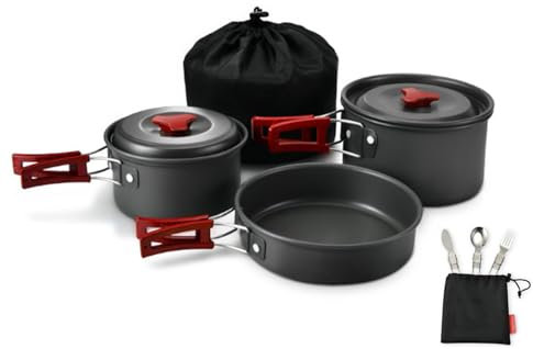Walkervo Set Pentole da Campeggio 2-3 Persone Gavetta Pentole Set da Campeggio con Pentole E Padella Tazza Piatti Posate Pieghevoli per Campeggio Trekking Escursioni Cucina Outdoor E Picnic