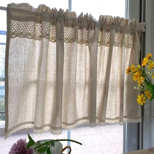 A.Monamour Gardine Scheibengardinen Kurzstores Bauernhaus Beige Baumwolle Leinen Häkel Spitze Blickdicht Kurzvorhang Kurzgardinen Küchengardine Küche Vorhang Fenster Kurz Stores Bistrogardine