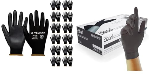 Velway 12 Pairs Safety Work Gloves - Firm Grip Gardening Gloves Non-Slip PU Coated Builders Gloves & Unigloves Black Pearl Nitrile Examination Gloves - Multipurpose