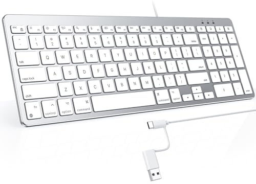 OMOTON Wired Keyboard Compatible with Mac, with Dual Interface (USB and Type-C), Numeric Keypad Compatible with MacBook Pro/Air, iMac, Mac mini/Pro Laptop, Silver