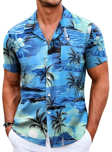 COOFANDY Hawaiihemd Herren Kurzarm Bügelfrei Hemd Slim Fit Sommerhemd Herren Freizeithemden Blumen Urlaub Strand Hemd Blau Kokospalme XXL