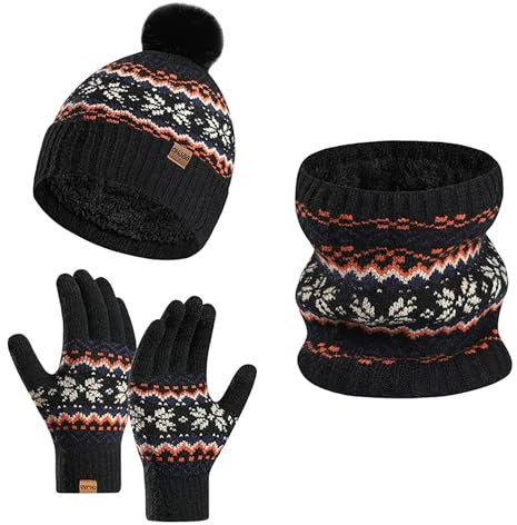 Damen Winterschal Strickmütze - Mütze und Schal in einem Beanie Mütze Schal Handschuhe Set warme Wolle warmem Strickfleece-Futter Haube Winterhandschuhe Thermo Gestrickte für Erwachsener Kind