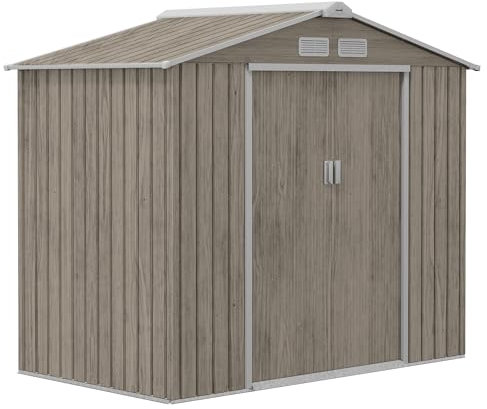 Outsunny Cobertizo de Jardín 2,42m² Efecto Madera con Base de Refuerzo Sin Suelo 213x130x185 cm Caseta de Jardín Exterior con 2 Puertas Correderas y 4 Ventanas para Almacenamiento de Herramientas