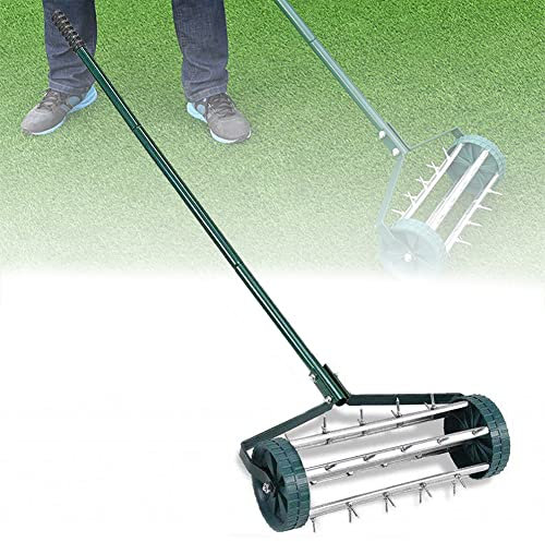Arieggiatore per prato rotante, utensile per aerazione manuale per erba con manico da 50 pollici e parafango, utensile per aerazione del terreno con punta per impieghi gravosi, arieggiatore per la