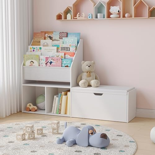 MAHANCRIS 47.2’’ Kids Bookshelf with Reading Nook, Toy Storage Organizer with Seat Cushion, 5-Tier Sling Bookcase and Storage with Bench, for Playroom, Kids Room, Living Room, Nursery, White KBWT8501