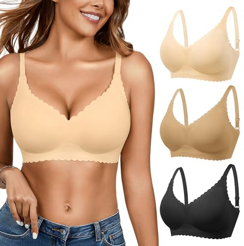 Wireless Seamless Bras for Women with Support - No Wire Push Up Womens Bra - No Underwire Padded Comfort Bralettes Breast Lift for Back Fat - Coverage Comfortable Bralette Wirefree 3 Pack(3P2,M)