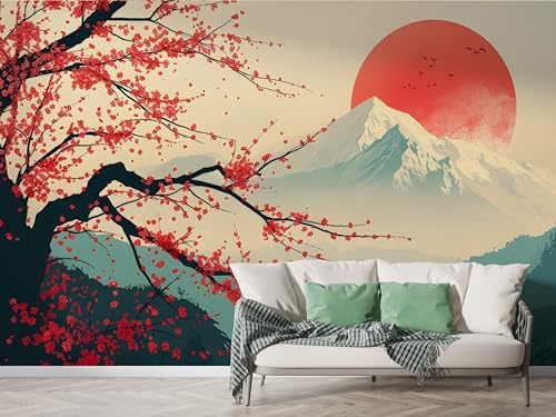 Boceoey Papier Peint Panoramique Japonais Fleur De Cerisier 3D - Motif Japon Mont Fuji Soleil Rouge - Décoration Murale pour Salon & Chambre, Intissé Autocollant Papier Mural, 150x100 cm M-484