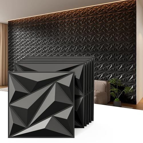 INMOZATA 12-Pack 3D Wall Panels for Interior Decor,11.8x11.8PVC Diamond Textured Wall Panels,10mm Thick Soundproof Waterproof Wall Sticker for Living Room Bedroom (Black,D137-1)