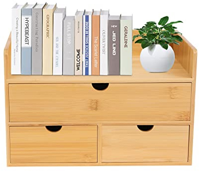 Minikommode & 2-stöckig Schubladenbox Holz - Schreibtisch Organizer aus Bambus, Natur Design - Kosmetik Organizer und Aufbewahrungsbox Holz für Homeoffice, Schminktisch