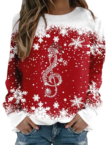 Maglione Natalizio Donna Felpa Natalizio Donna Elegant Natale Stampato di Neve Manica Lunga Maglia con Girocollo Felpe Taglia Forti alla Moda Ugly Christmas Sweatshirt Invernale Casual Comode Pullover