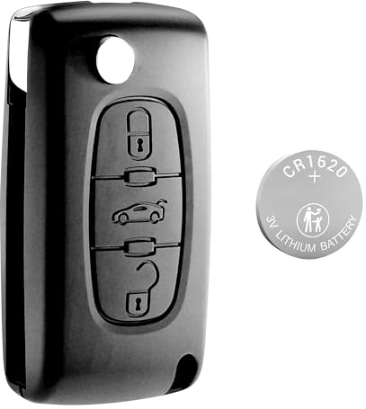 Jongo - Schlüsselgehäuse ohne Klinge, kompatibel mit Peugeot 407 (2004-2010) | CE0523 | mit 1 x Batterie CR1620 | Gehäuse für Autoschlüssel mit 3 Tasten