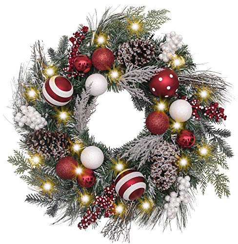 Valery Madelyn Vorbeleuchteter Weihnachtskranz für Haustür mit Lichtern, großer beleuchteter Weihnachtskranz für den Außenbereich, mit rot-weißen Weihnachtskugeln für Zuhause, Veranda, Kamin, Fenster