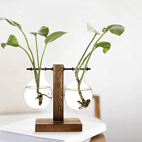 Yugust Stand Glass Planter Bulb Vase, Hydroponic Plant Vases with Wooden Stand, Terrarium Boiling Flask-Style Flower Vases Office Desk Wedding Decor