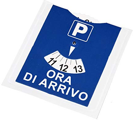 Disco Orario Parcheggio Ora di Arrivo in Cartoncino 77x100 mm con Tasca Adesiva in PVC Trasparente