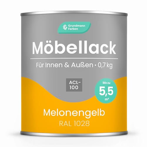 Grundmann Möbellack ACL 100 - Gelb 0,7 Kg - Lösemittelfrei & Geruchsarm - 4in1 Möbelfarbe inkl. Grundierung - Innen und Außen - Für Holz, Metall & Kunststoff - RAL 1028 Melonengelb