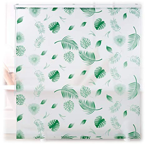 Relaxdays Duschrollo Blätter, 160x240cm, Seilzugrollo f. Dusche & Badewanne, wasserabweisend, Decke & Fenster, weiß/grün