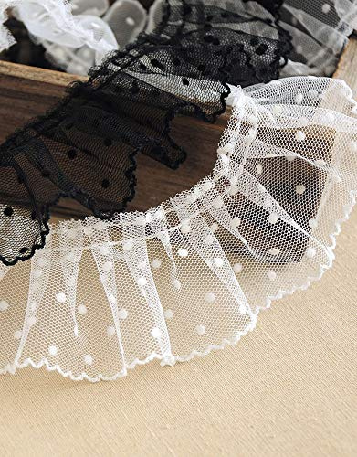 Yulakes 3M Organza Spitzen Borte, Pleated Tulle Lace Fabric, Plissee Tüll Spitzenstoff, Plissee-Spitzenbordürem Bordüre,gerüschte Spitzenbordüre,Nähen Guipure Crafts Mesh Schnürsenkel (schwarz)