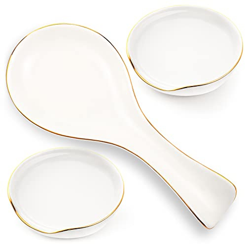 Patelai 3 Pcs White Ceramic Spoon Rest for Kitchen Stove Top Counter | 4 Inch Small Holder Cooking Ladles Spatulas, Gold Rim Farmhouse Design, Keeps Counters Clean, Coffee Tea Station, Gift Ready
