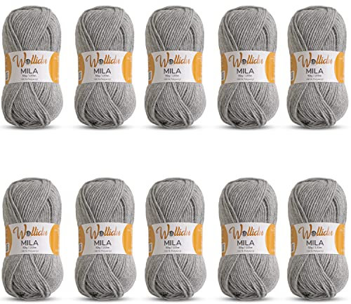 Wollidu Mila Garn zum Häkeln und Stricken 10 x 50g/133m Strickgarn 100% Polyacryl Häkelgarn Hellgrau