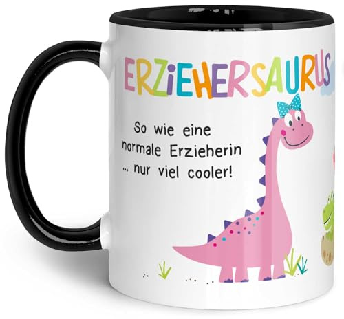 GRAVURZEILE Bedruckte Tasse mit Spruch - Erziehersaurus - Herzliche Geschenke - Geschenk für Erzieherin zum Kindergarten Abschied - Geschenk als Dankeschön für Sie - Farbe: Erzieherin Schwarz & Weiß