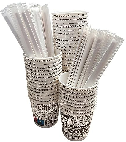 100 Vasos Desechables Café de Papel Cartón de 120 ml, Vasos Resistentes y Elegantes para Bebidas Calientes o Frías, Perfectos para Oficina y Hogar. Incluyen 100 Paletinas de Madera