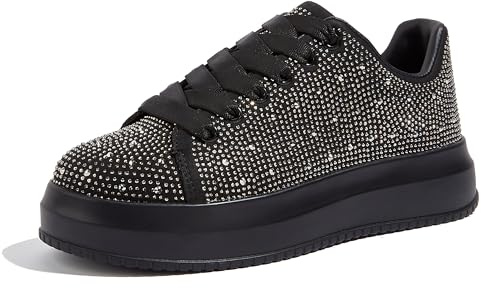 LUCKY STEP Rhinestone Sneakers for Women Platform Sparkly Glitter Bling Tennis Shoes Fashion Bedazzled Wedding Bridal Party Walking Sneakers (Black, 10US-41EU-8UK)