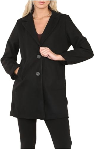FAIRY TRENDZ Womens Long Sleeve Collared 2 Pocket Italian Coat Ladies Button Closure V Neckline Wool Look Coat (Black UK 16)
