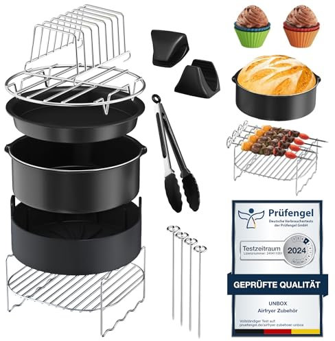UNBOX Airfryer Zubehör Set 15-teilig für COSORI 4,7L, Tefal 4,2L, Ninja 5,2L - Heißluftfritteuse Zubehör mit Silikon Backform - BPA-frei, inkl. E-Rezeptbuch