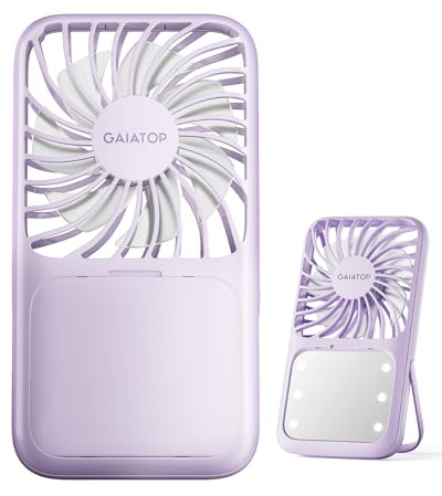 Gaiatop Portable Handheld Fan with Foldable Computer Stand, 3-Speed, LED Makeup Mirror, Light, Rechargeable, Small Essential, Gifts for Women and Girls