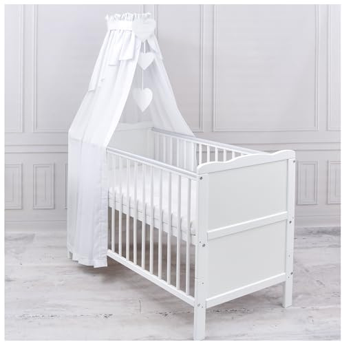 Generisch Baby Delux Babybett Himmel Betthimmel Chiffon Baumwolle Verlauf Baldachin für Babybett Kinderbett Wiege Stubenwagen Himmelstange Applikationen Deko (Weiß, mit Himmelstange)