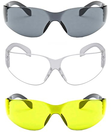 Gafas de seguridad ligeras, paquete de 3 gafas de trabajo con protección ocular para laboratorio, trabajo, ciclismo, conducción nocturna, antipolvo y antivaho (transparente, gris y amarillo)