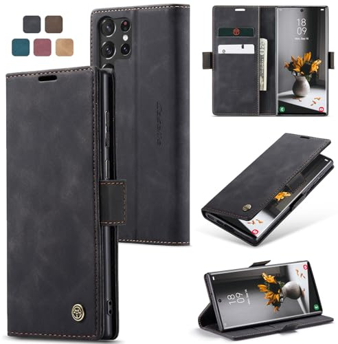 owlhold Handyhülle für Samsung Galaxy S23 Ultra Hülle Premium Lederhülle Weiches Vintage-Nubukleder Faltbare Ständer Schutzhülle Kartenfach Standfunktion klapphülle Samsung S23 Ultra 5G -Schwarz