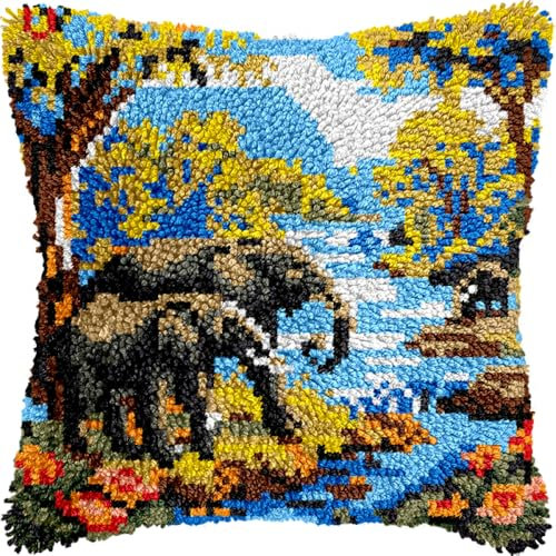 Kitquiver Diy Kit Crochet Principiantes Kits De Ganchillo Para Hacer Almohadones, Alfombras Y Cojines Con Patrón Preimpreso, Animales Y Paisajes De Elefantes 17x17in