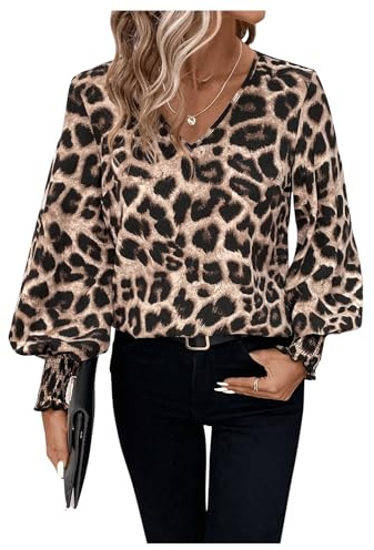 GORGLITTER Blusas elegantes para mujer, blusa tipo camisa de oficina, camisa casual con estampado de leopardo, parte superior, camisa de manga larga, blusa camisa, camisa de otoño, marrón, XL