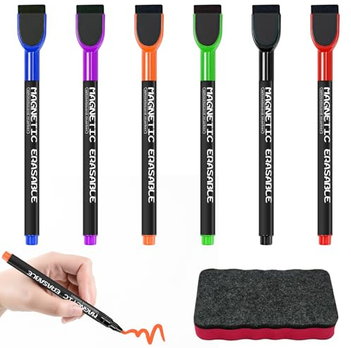 Whiteboard Marker mit Schwamm, 6 Stück Whiteboard Marker Magnetisch, Folienstift mit Radierer, White Board Marker Pens, Stifte Whiteboard Abwischbar Geeignet für Haus Schule und Büro(6 Farben)