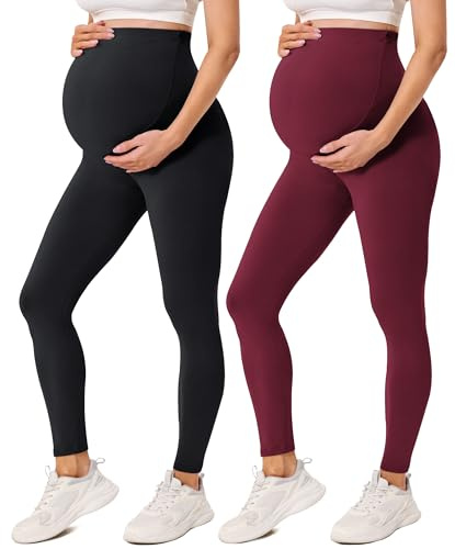 VALANDY Creamlush - Leggings premaman da donna, 2 pezzi, sopra la pancia, abbigliamento attivo, allenamento, yoga, Confezione da 2 - nero/bordeaux, S