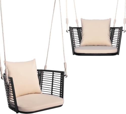 HOMFME Balancoire Extérieur 1 Place en Rotin avec Cadre en Métal, Chaise Suspendue avec Coussin d’Assise et Coussin de Dossier, 2 Cordes de Suspension, Capacité de 180 KG, Idéal pour Jardin (Blanc)