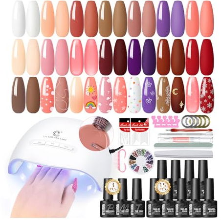 PEACECOLOR 34PCS Gel Nail Sets Starter Kit- Gel Nail Polish Set with Lamp Starter Kit 15 Colours Brown Red White Nude Nail Polish Nail Art Gifts for Women DIY Home