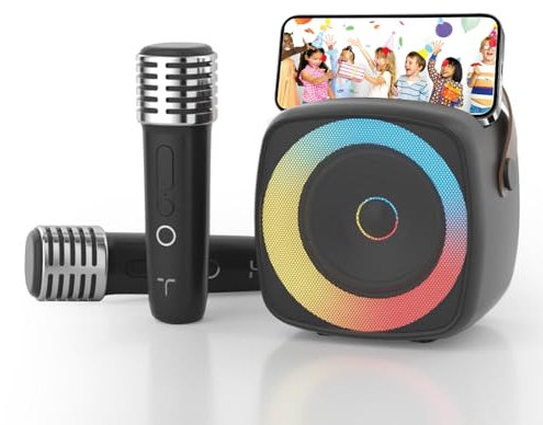 TANALAZ Machine Karaoké 2 Microphones pour Garçons Filles, Enfants Adultes Enceinte Bluetooth Portable avec Support Téléphone, Enceinte avec Lumières LED et Changer de Voix pour Fêtes à Domicile(Noir)
