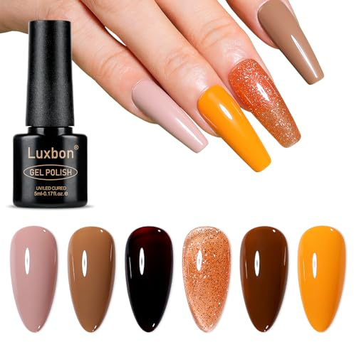 Luxbon 6 st gelnagellack - höstfärger - långvarigt gelnagellack för hösten, UV-ledda genomblötande nagellack Manikyr Kit 023