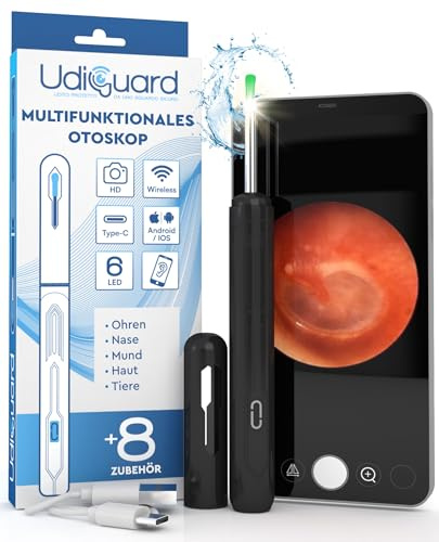 Otoscopio Pulizia Orecchie Rimozione Cerume con Telecamera 1920p WiFi 3,6mm - UdiGuard Pulitore Orecchie Digitale con 6 Luci LED Bambini Adulti Animali - Compatibile con iPhone iPad Android Nero