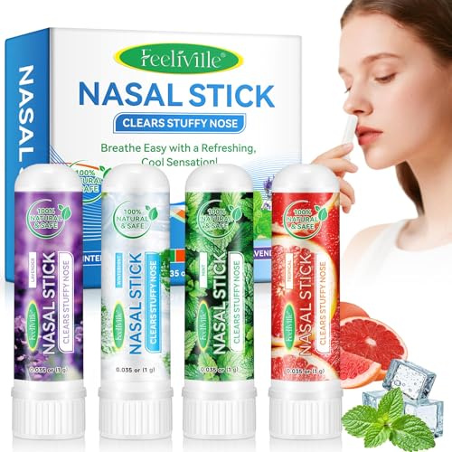 Lot de 4 bâtonnets nasaux - Aide rapide en cas de congestion nasale et de rhume - Améliore la respiration et la concentration - Huiles essentielles 100 % naturelles et menthol - Effet rafraîchissant