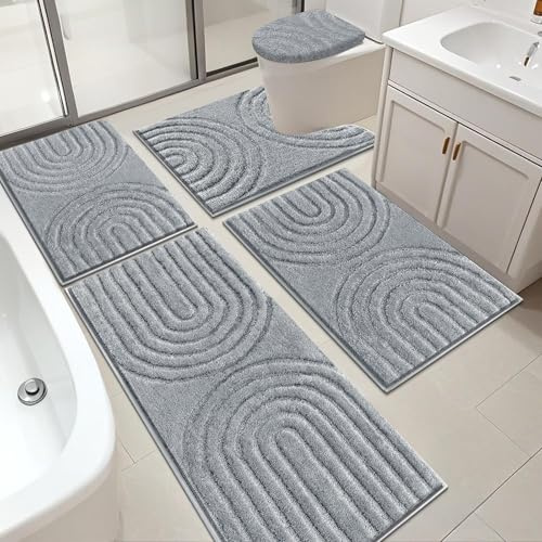 HEBE Bathroom Rugs Set 5 Piece, Plush Absorbent Bath Mats for Bathroom, Non Slip Machine Washable Bath Mat Set with Toilet Cover, Bath Runner and U-Shaped Contour Toilet Rug, Light Grey