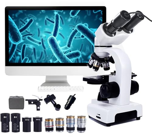DEaThsalL Microscopio Composto Binoculare, Microscopio Didattico 40X-30000X, con Oculare Elettronico + Supporto per Cellulare, Tubo 360° / Distanza Interpupillare 55-75mm,18000X