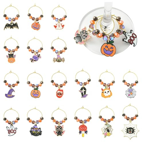 WEWAYSMILE 18 Stück Halloween Weinglas Anhänger Glasmarkierer Trinkgläser Mit Emaille Legierung Anhängern Für Abendessen Geburtstag Verkostung Party Getränke schmücken