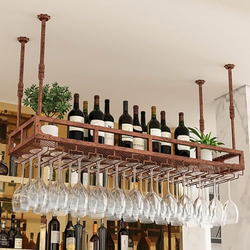KKTX Porta in Vetro di Vino A Soffitto in Metallo, Porta Bottiglia di Vino Sospeso Industriale con Scaffale in Vetro dello Stelo, Supporto per La Conservazione del Vino, per La Cucina del Bar del Bar