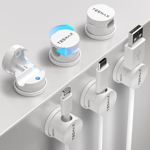 Tesmax 6 Stück Kabelhalter Selbstklebende Magnetische 360°Drehbar,Weiß | Stärkere Klebstärke 8mm Kabelschlitzdurchmesser Einfache Installation Geeignet für eine Breite Palette von Oberflächen