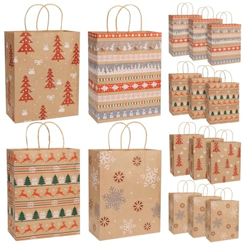 Geschenktüten Weihnachten 12 Stück Papiertüten mit Henkel in 4 Motiven | Weihnachtsgeschenktüten aus Kraftpapier Braune Weihnachtsverpackung für Schokoladen, Süßigkeiten, Partyzubehör 27x21x11cm