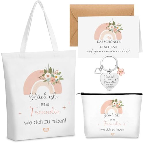 Weewooday Geschenke für Freundin Freundinnen Baumwolltasche Freundschaft Schlüsselanhänger Kosmetiktasche Grußkarte und Umschlag Bff Geschenke zum Geburtstag Weihnachten Jahrestag Frauen Schwester